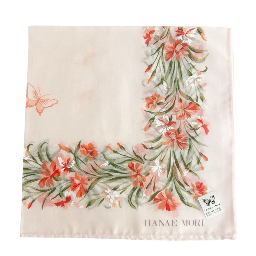 NWT Hanae Mori Pink Floral Handkerchief 100% Cotton Scarf, Japanese Designer VTG